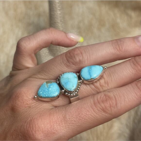 Long Native American Sterling Silver Blue Ridge Turquoise 3 Stone Ring Adjust - Picture 2 of 11